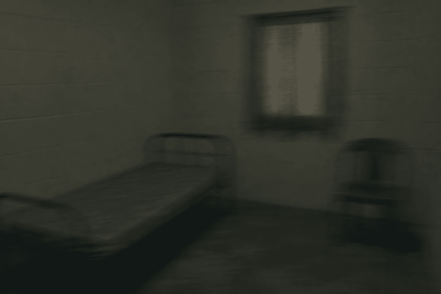 A dark, badly blurred photograph of a room. Almost nothing in it can be made out.