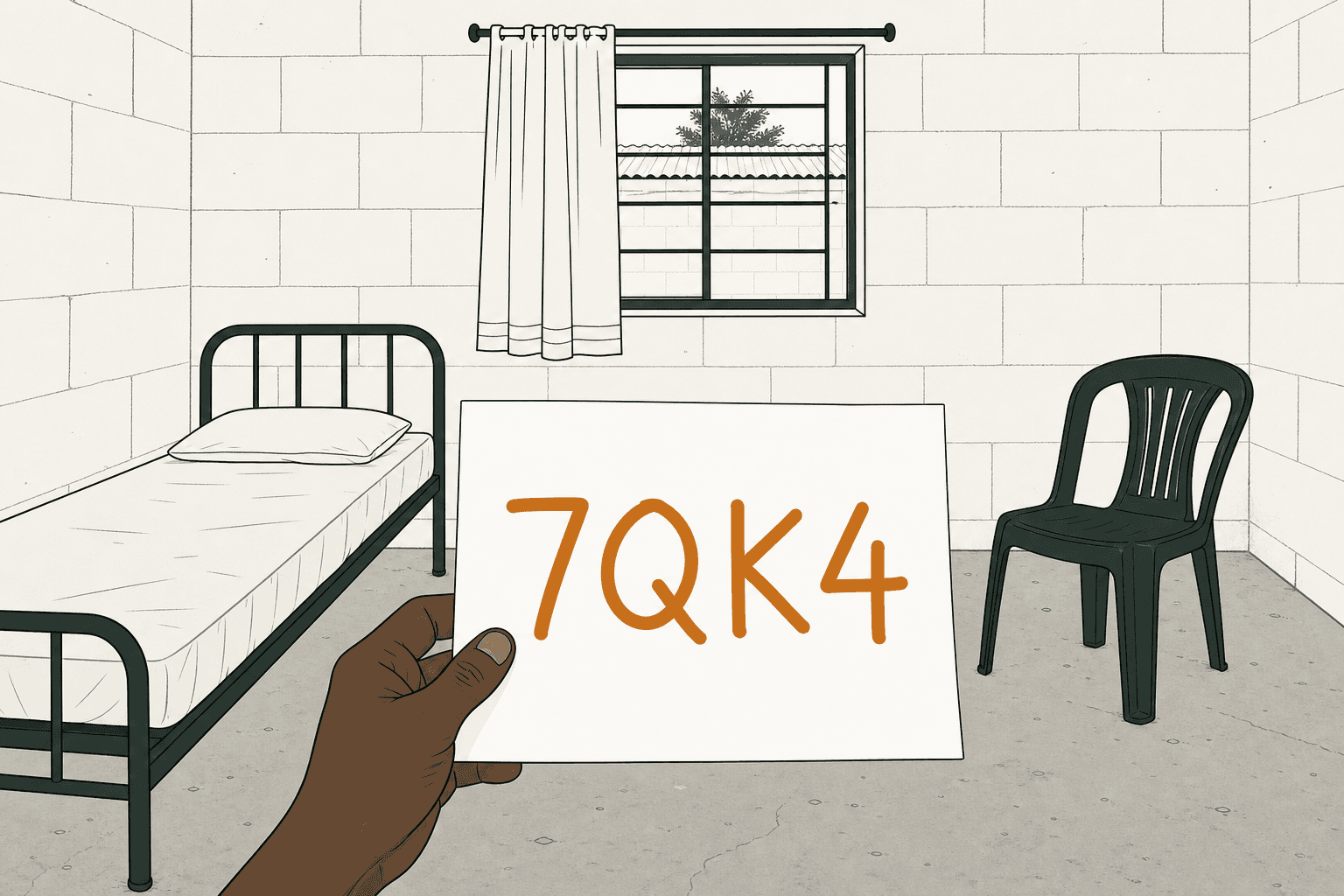 A plain boarding-house room with a bed, a window and a chair. A hand holds up a sheet of paper carrying the code 7QK4.
